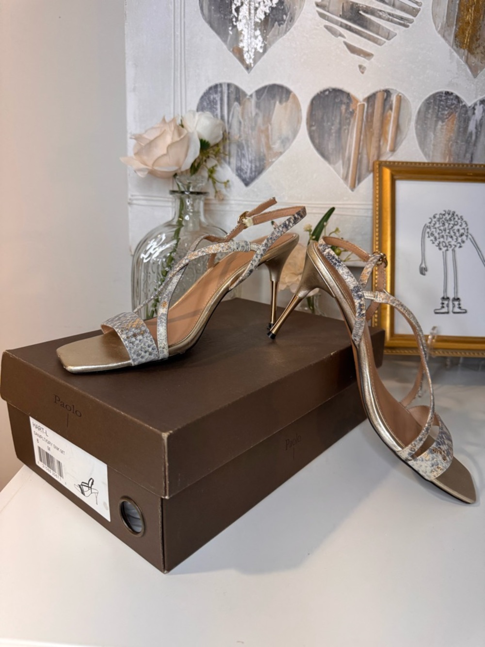 Paolo Gold-Tone Stiletto Sandals with Metallic Snake-Print Straps - Picture 8 of 10